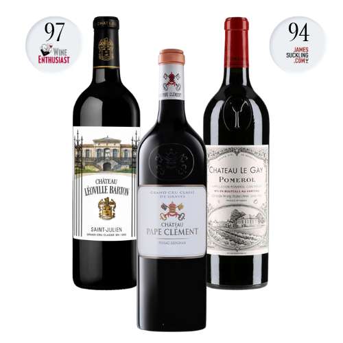 TRIO-POMEROL-FRANCE-WINE-CHATEAU-LEOVILLE-BARTON-LE-GAY-PAPE-CLEMENT